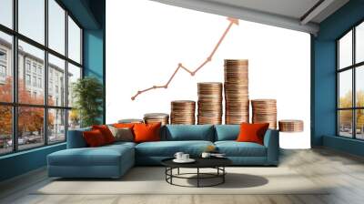 Stacked coins in ascending order with an upward arrow representing growth and financial success on a transparent background. Wall mural