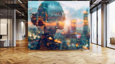 Stock photo illustrating the concept of devotion in building construction engineering, with a double exposure of the project site and digital planning tools, symbolizing innovation and forwardthinking Wall mural