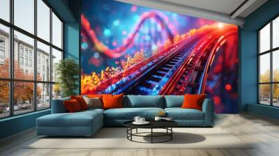 Vibrant digital data flow on a railway track symbolizing high-speed information transfer in a networked world. Wall mural