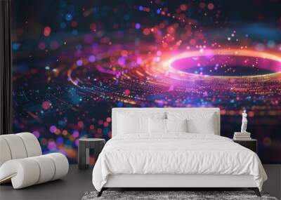 Vibrant digital vortex of particles and light, representing futuristic technology, data flow, and dynamic energy in a colorful abstract design. Wall mural