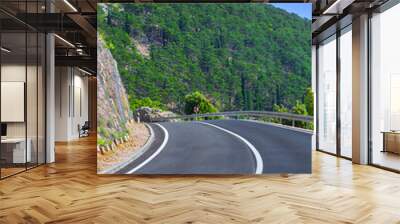 Beautiful asphalt freeway, motorway, highway without traffic through of southern landscape mountains forest during summer on a sunny day. Travel road concept. Wall mural