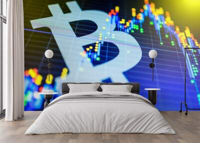 Data analyzing in exchange stock market: the candle chars on display. Analytics price change cryptocurrency BTC to USD (Bitcoin / US Dollar), the most popular pair in the world. Big Bitcoin logo. Wall mural