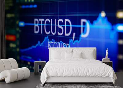 Data analyzing in exchange stock market: the charts and quotes on display. Analytics pair BTC-USD (Bitcoin / US Dollar), the most popular bitcoin pair in the world. Wall mural