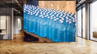 Production of mineral water on a small family business. The water is poured into plastic 1.5 liter PETE bottles. Many unlabeled bottles, swirled with white lids, stand on the table. Wall mural