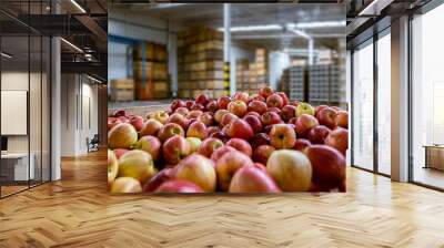 Ripe juicy red apples in a container. Production facilities of large warehouse - grading, packing and storage of crops. Wall mural