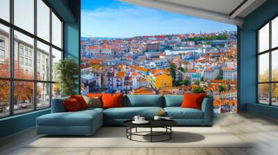 Summertime sunshine day cityscape panoramic view of town, Sao Jorge Castle, and all historic old centre in Lisbon, Portugal. Wall mural