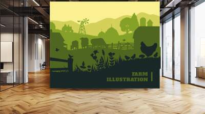 Farm illustration background, colored silhouettes elements, flat Wall mural