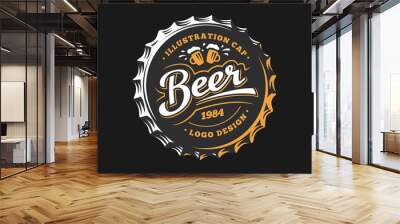 Mug beer logo on cap - vector illustration, emblem brewery design on dark background Wall mural