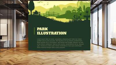 Park illustration background, colored silhouettes elements, flat Wall mural