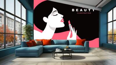 woman paints her lips. pop art , flat style. Wall mural