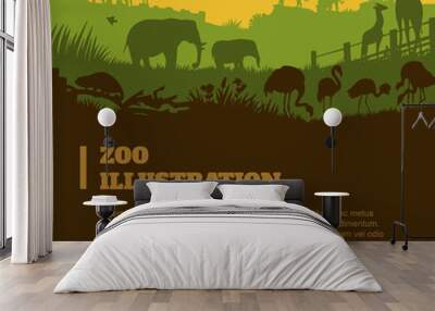 Zoo world illustration background, colored silhouettes elements, flat Wall mural