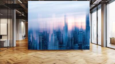 Abstract blur of a city skyline at dusk, dominated by gray-blue hues of skyscrapers against a fading sky Wall mural