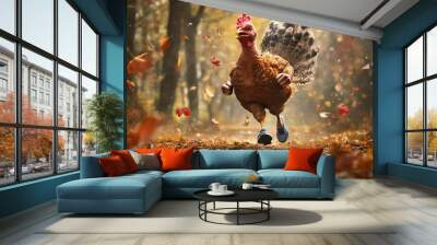 A joyful turkey in running shoes sprinting through a forested trail Wall mural