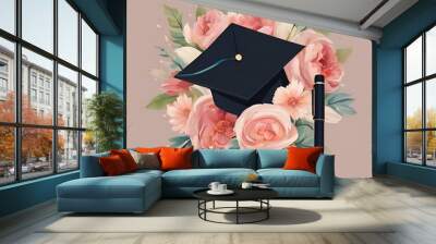 Graduation hat and flower, Generative AI Wall mural