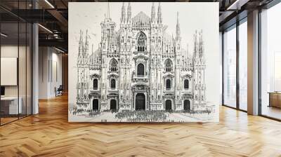 Black and white sketch of Milan Cathedral on a cloudy day Wall mural