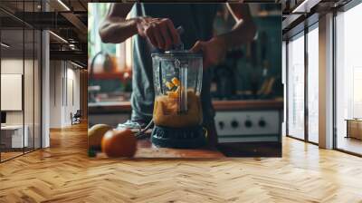 Young african american man preparing breakfast in the kitchen at home Wall mural