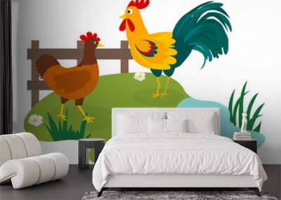 farm birds family cartoon flat illustration. rooster hen chicken. Wall mural