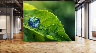 water drop on the leaf with Earth in it Wall mural