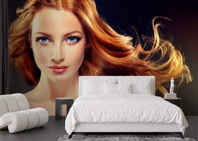 Beautiful model with long curly red hair Wall mural