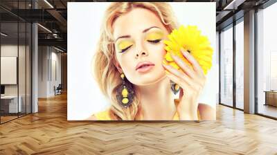 Beautiful model with yellow makeup. Wall mural