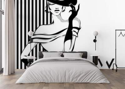 Black and white fashion woman model with boutique logo background. Hand drawn vector Wall mural