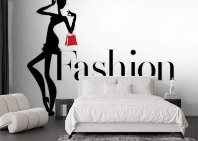 Black and white fashion woman silhouette with red bag, boutique logo, sale banner, shopping advertising. Hand drawn vector illustration art Wall mural