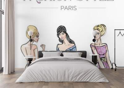 Fashion advertising brochure with set of beautiful women models, Paris business card, beauty girls hand drawn vector illustration Wall mural