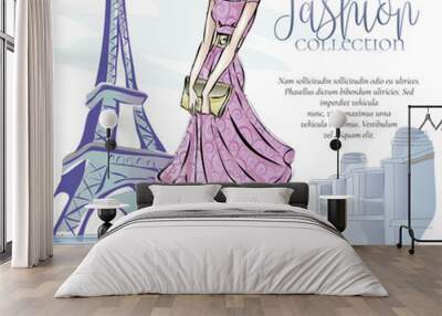 Fashion woman near Eiffel tower in Paris, fashion banner with text template, online shopping social media ads with beautiful girl. Vector illustration Wall mural