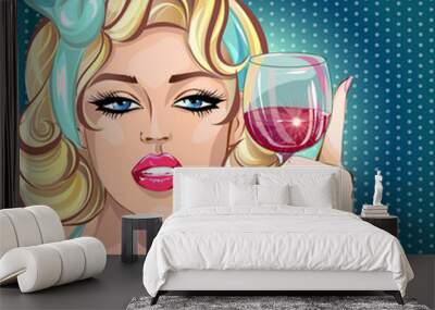 Pin up sexy blonde woman drinking wine, pop art girl portrait, celebrate look vector illustration Wall mural