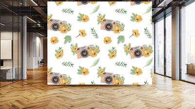 Watercolor seamless pattern gold retro camera and yellow flowers png Wall mural