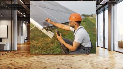 Competent technician in safety helmet and glasses measuring amperage of solar panels with multimeter. Indian man repairing photovoltaic cells outdoors. Green energy concept. Wall mural