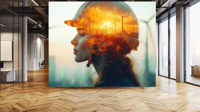 Double exposure of female engineer with wind turbines Wall mural