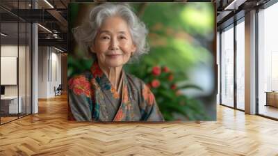 Graceful older Asian woman sitting outdoors with a serene expression Wall mural