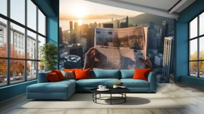 Hands hold a newspaper against a city dawn, the first rays highlighting the print and the awakening skyline in the backdrop Wall mural