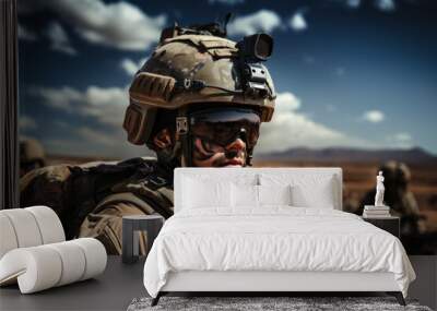 Soldier in military gear and helmet in desert during war Wall mural