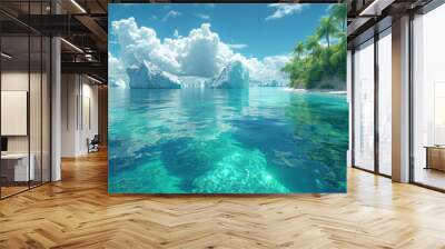 Tropical island beach with icebergs in clear blue water Wall mural