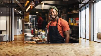 Young man working as a cook at the fast food truck. Wall mural