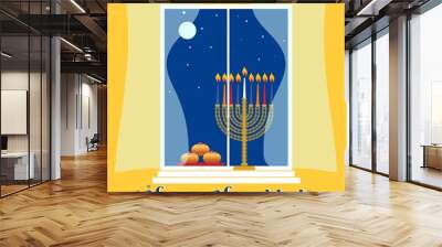 Hanukkah, Festival of Lights Jewish holiday greeting card with hanukkah traditional candelabra or menorah, candles, donuts, house window and night sky .Happy Hanukkah lettering. Vector illustration. Wall mural