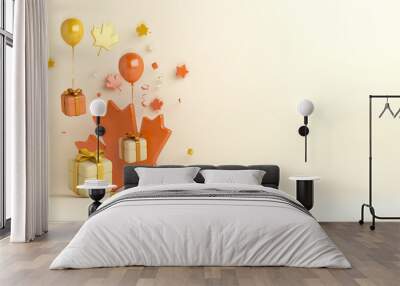 Autumn background with maple leaves gift box balloon acorn, copy space text, 3D rendering illustration Wall mural