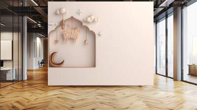 Eid al adha decoration background with goat sheep, arabic lantern, mosque window, ramadan kareem, mawlid, iftar, eid al fitr, muharram, copy space text area, 3D illustration. Wall mural