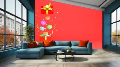 Flying gift box, moon cake, confetti on red background. Design creative concept of chinese festival celebration mid autumn, gong xi fa cai. 3D rendering illustration. Wall mural