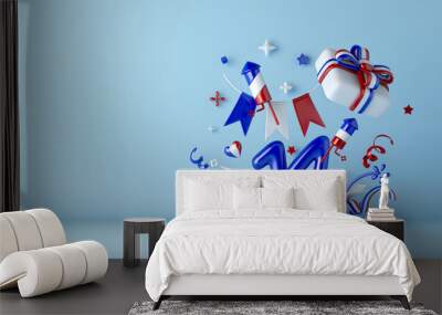 Happy Bastille Day, French National Day 14 of July decoration background with gift box firework rocket balloon flag, 3d rendering illustration Wall mural