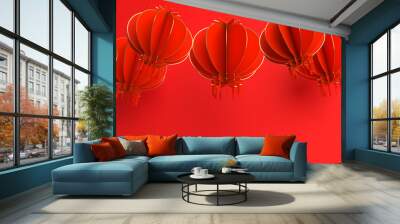 Happy Chinese new year banner, red and gold lantern lampion paper cut. Design creative concept of china festival celebration gong xi fa cai. 3D rendering illustration. Wall mural