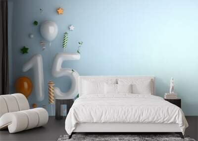 Happy Independence Day of India decoration background with 15 balloon number confetti, copy space text, 3D rendering illustration. Wall mural