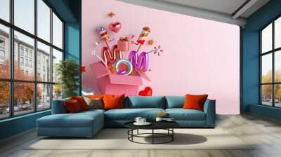 Happy mothers day decoration background with gift box, balloon, mom text, copy space text, 3D rendering illustration	 Wall mural