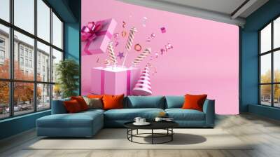 Happy new year 2021 background concept with opened gift box, firework rocket, party hat, ribbon, copy space,  3D rendering illustration Wall mural