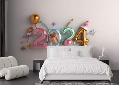 Happy new year 2024 decoration background with balloon, firework rocket, gift box, 3D rendering illustration Wall mural