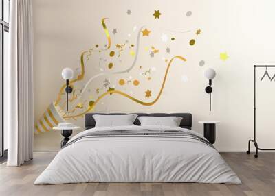 Happy New Year design creative concept, gold and white party popper cone and glittering confetti background. Copy space text area, 3D rendering illustration. Wall mural