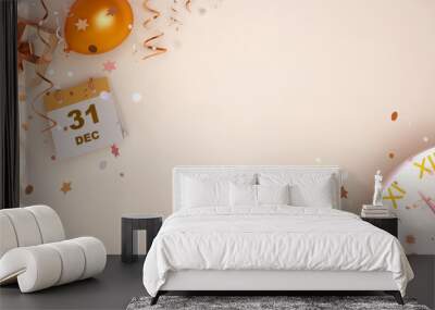 Happy New Year eve design creative concept, December 31 calendar, gift box, gold and white balloon, clock and glittering confetti on gradient background. Copy space text area, 3D  illustration. Wall mural