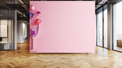 Happy New Year or birthday party design creative concept, drink glass, balloon, gift box, glittering confetti on pink background. Copy space text area, 3D rendering illustration. Wall mural